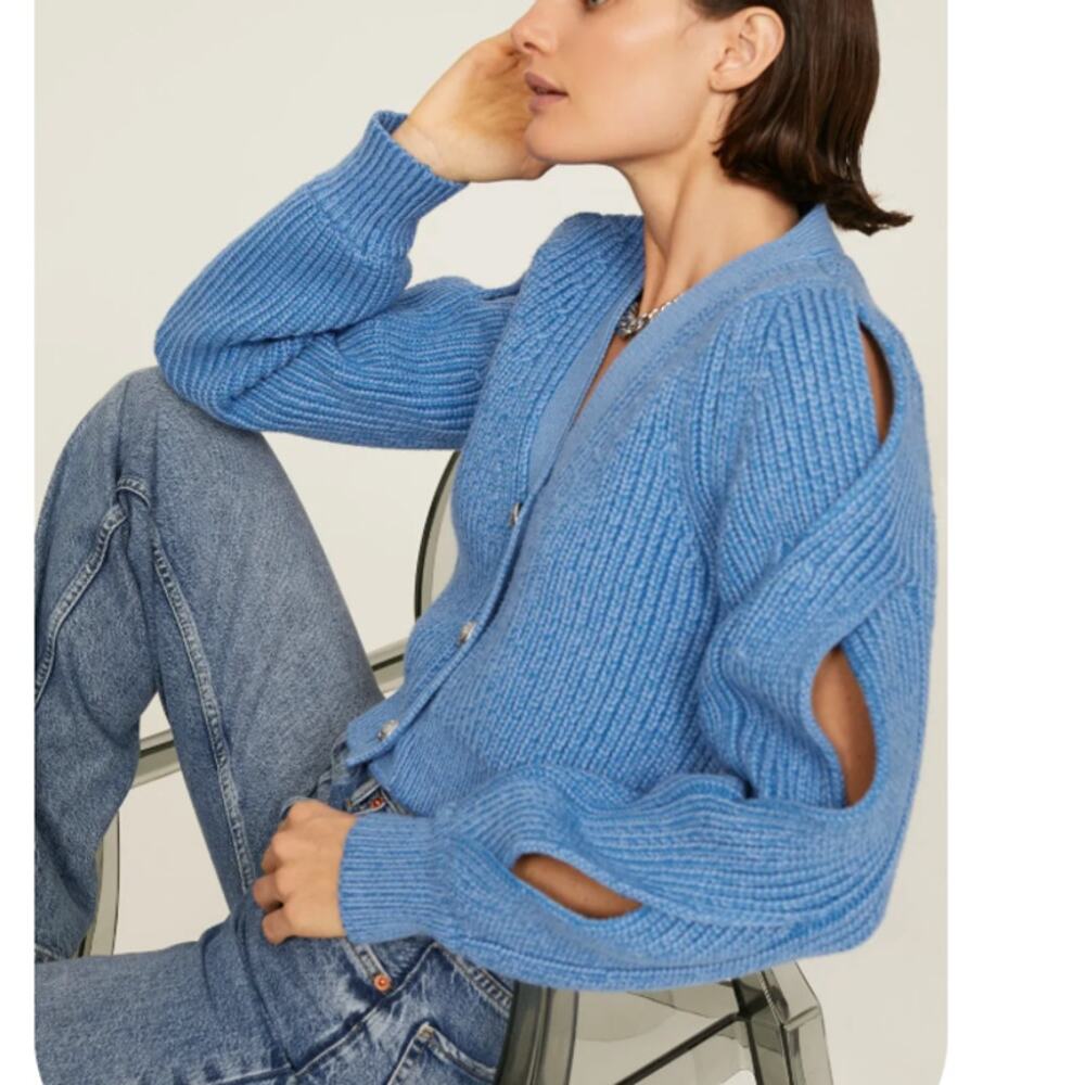 Derek Lam Blue Cropped Cardigan SMALL Cotton Sweater Twisted Sleeve Chunky $450 - Picture 3 of 12